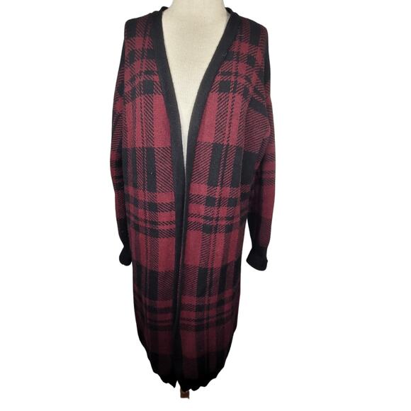Magaschoni Red and Black Plaid Cardigan Sweater Size Large - Picture 1 of 3